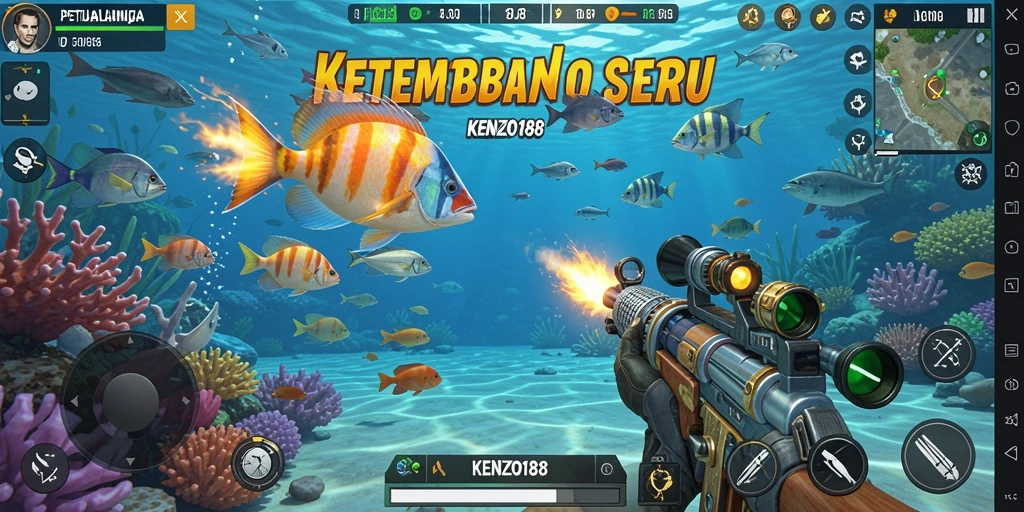 Tampilan gameplay seru dari KENZO188 saat menembak ikan.