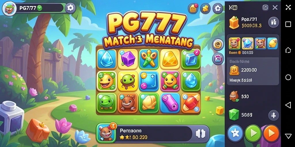 Screenshot PG777 menampilkan gameplay Match-3 yang seru dan penuh warna.