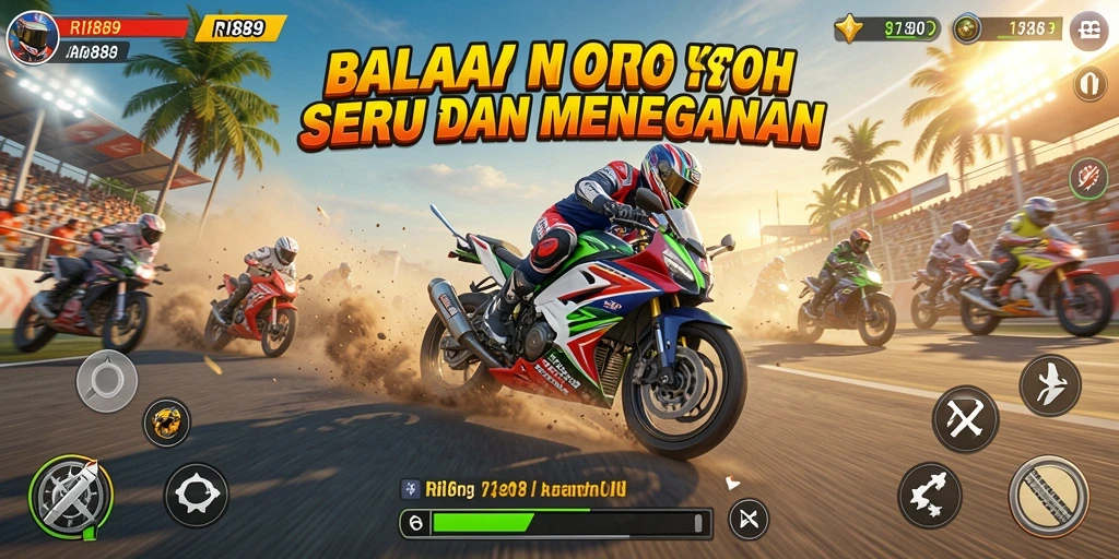 Screenshot menampilkan balapan motor yang cepat dan seru di trek yang menarik.